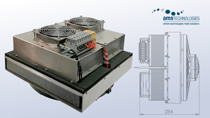 Photo and drawing of a robust thermoelectric cabinet cooler from AMS Technologies