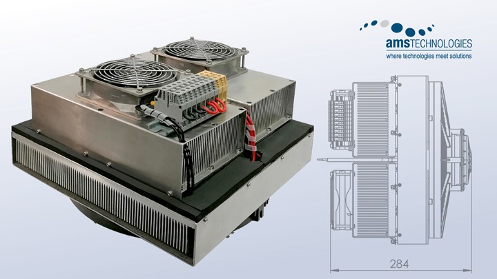 Photo and drawing of a robust thermoelectric cabinet cooler from AMS Technologies Photo and drawing of a robust thermoelectric cabinet cooler from AMS Technologies